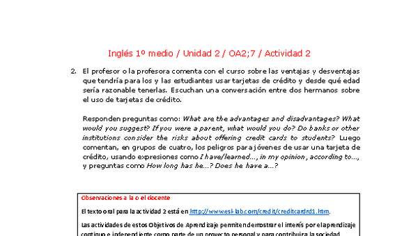 Inglés 1 medio-Unidad 2-OA2;7-Actividad 2 Inglés 1 medio-Unidad 2-OA2;7-Actividad 2