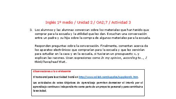 Inglés 1 medio-Unidad 2-OA2;7-Actividad 3 Inglés 1 medio-Unidad 2-OA2;7-Actividad 3