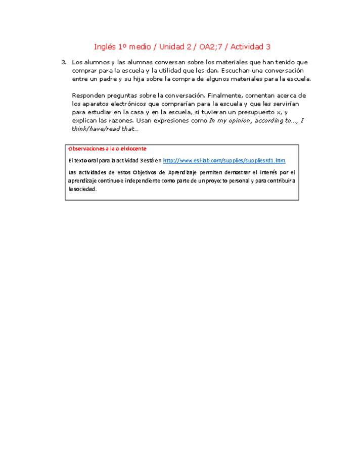 Inglés 1 medio-Unidad 2-OA2;7-Actividad 3 Inglés 1 medio-Unidad 2-OA2;7-Actividad 3