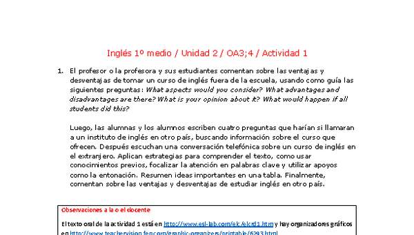 Inglés 1 medio-Unidad 2-OA3;4-Actividad 1 Inglés 1 medio-Unidad 2-OA3;4-Actividad 1