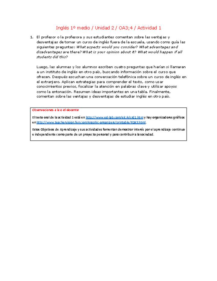 Inglés 1 medio-Unidad 2-OA3;4-Actividad 1 Inglés 1 medio-Unidad 2-OA3;4-Actividad 1
