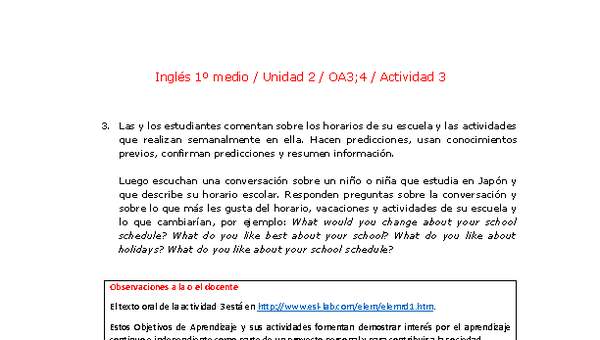 Inglés 1 medio-Unidad 2-OA3;4-Actividad 3 Inglés 1 medio-Unidad 2-OA3;4-Actividad 3