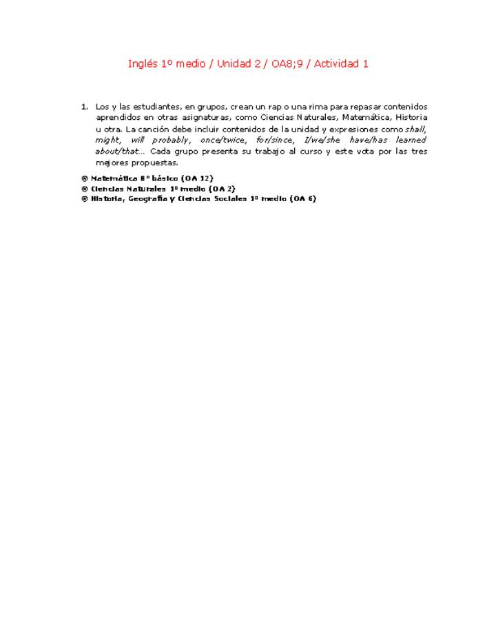 Inglés 1 medio-Unidad 2-OA8;9-Actividad 1 Inglés 1 medio-Unidad 2-OA8;9-Actividad 1