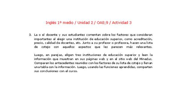Inglés 1 medio-Unidad 2-OA8;9-Actividad 3 Inglés 1 medio-Unidad 2-OA8;9-Actividad 3