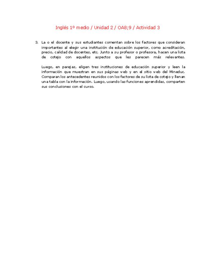 Inglés 1 medio-Unidad 2-OA8;9-Actividad 3 Inglés 1 medio-Unidad 2-OA8;9-Actividad 3