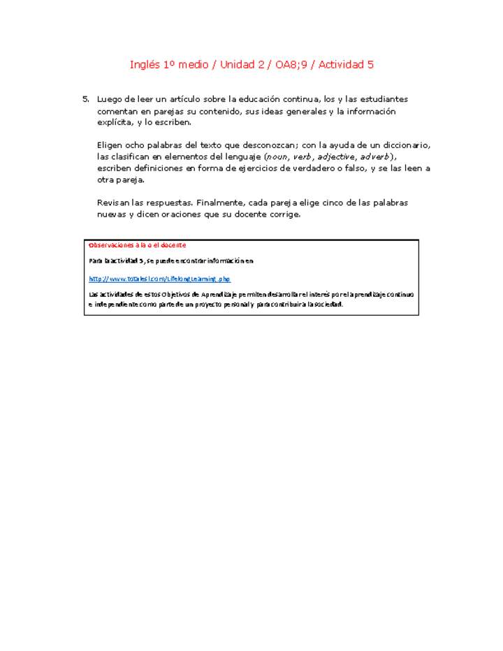 Inglés 1 medio-Unidad 2-OA8;9-Actividad 5 Inglés 1 medio-Unidad 2-OA8;9-Actividad 5