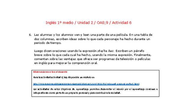 Inglés 1 medio-Unidad 2-OA8;9-Actividad 6 Inglés 1 medio-Unidad 2-OA8;9-Actividad 6