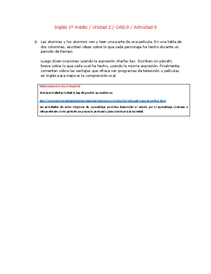 Inglés 1 medio-Unidad 2-OA8;9-Actividad 6 Inglés 1 medio-Unidad 2-OA8;9-Actividad 6