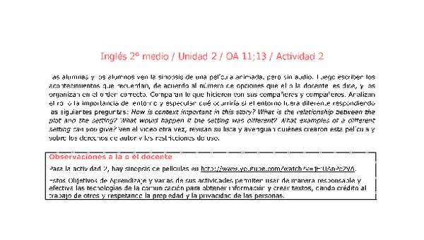 Inglés 2 medio-Unidad 2-OA11;13-Actividad 2 Inglés 2 medio-Unidad 2-OA11;13-Actividad 2