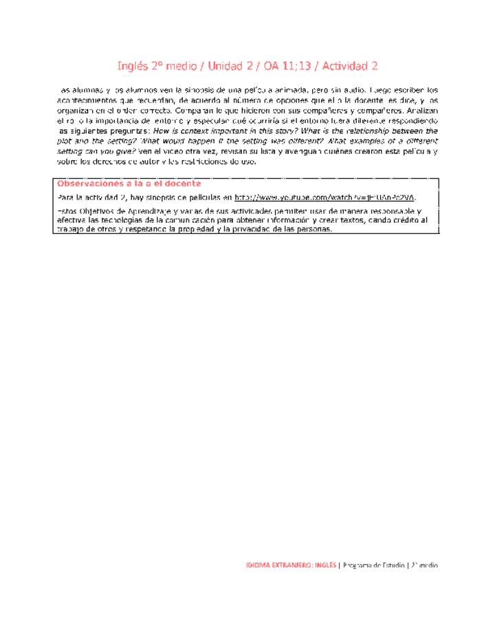 Inglés 2 medio-Unidad 2-OA11;13-Actividad 2 Inglés 2 medio-Unidad 2-OA11;13-Actividad 2