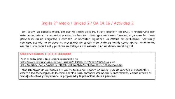 Inglés 2 medio-Unidad 2-OA14;16-Actividad 2 Inglés 2 medio-Unidad 2-OA14;16-Actividad 2