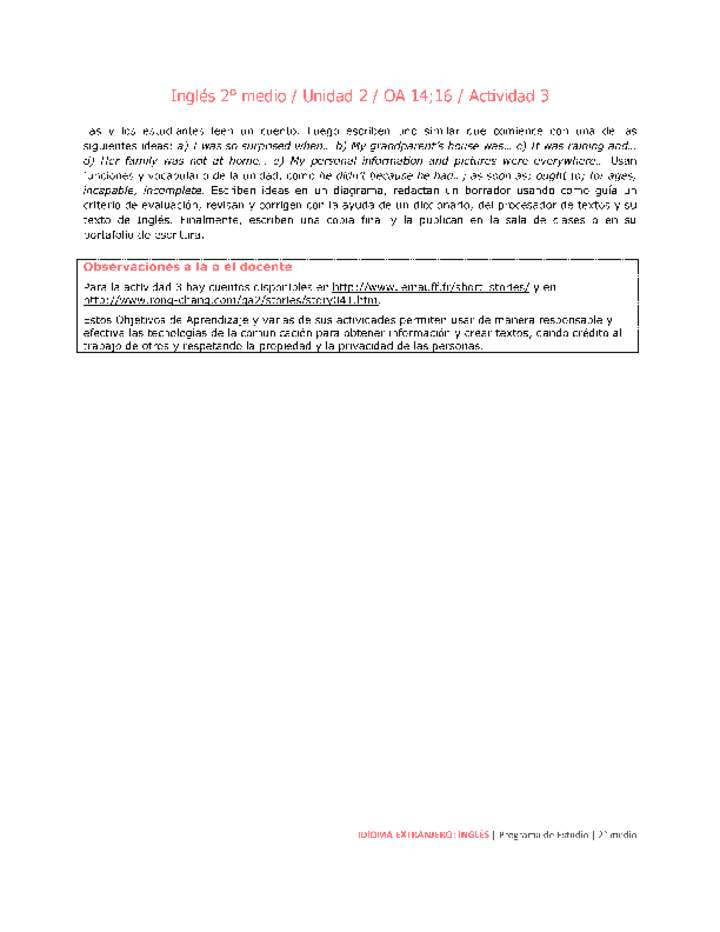 Inglés 2 medio-Unidad 2-OA14;16-Actividad 3 Inglés 2 medio-Unidad 2-OA14;16-Actividad 3