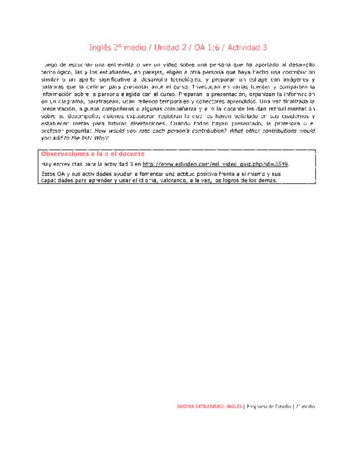 Inglés 2 medio-Unidad 2-OA1;6-Actividad 3 Inglés 2 medio-Unidad 2-OA1;6-Actividad 3