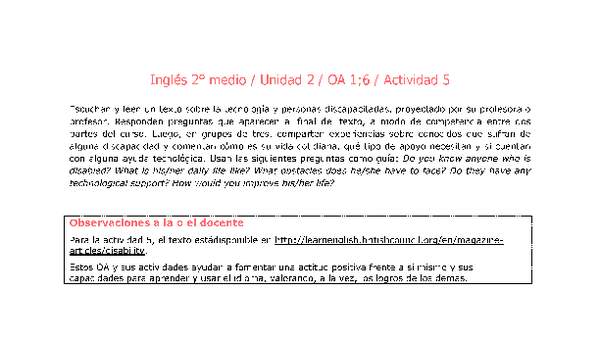 Inglés 2 medio-Unidad 2-OA1;6-Actividad 5 Inglés 2 medio-Unidad 2-OA1;6-Actividad 5
