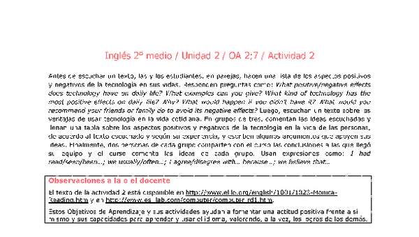 Inglés 2 medio-Unidad 2-OA2;7-Actividad 2 Inglés 2 medio-Unidad 2-OA2;7-Actividad 2