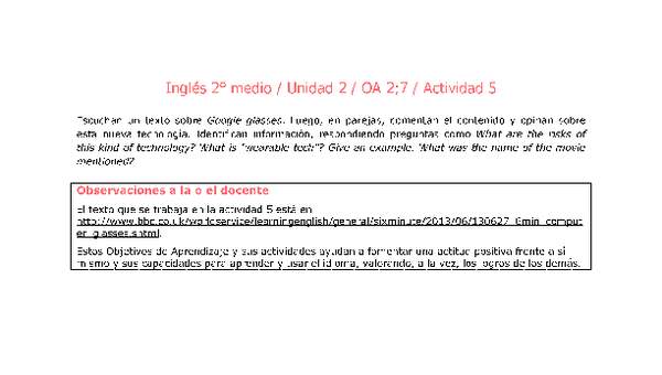 Inglés 2 medio-Unidad 2-OA2;7-Actividad 5 Inglés 2 medio-Unidad 2-OA2;7-Actividad 5