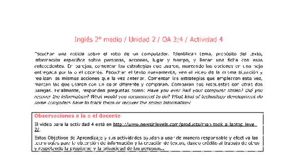Inglés 2 medio-Unidad 2-OA3;4-Actividad 4 Inglés 2 medio-Unidad 2-OA3;4-Actividad 4