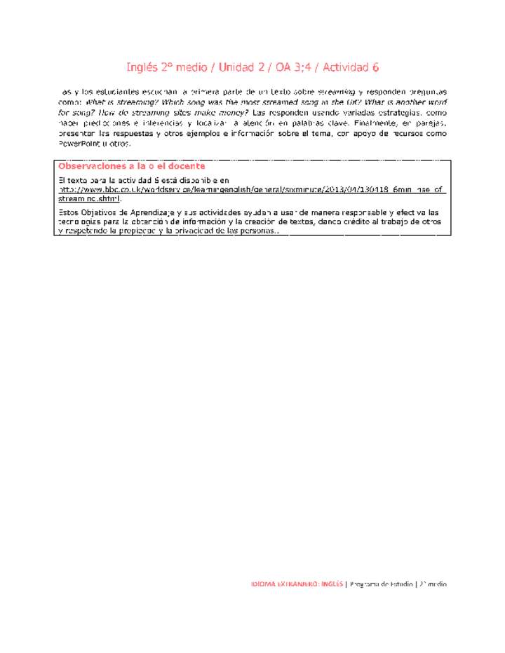 Inglés 2 medio-Unidad 2-OA3;4-Actividad 6 Inglés 2 medio-Unidad 2-OA3;4-Actividad 6