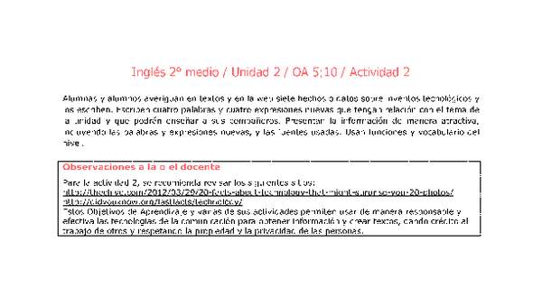 Inglés 2 medio-Unidad 2-OA5;10-Actividad 2 Inglés 2 medio-Unidad 2-OA5;10-Actividad 2