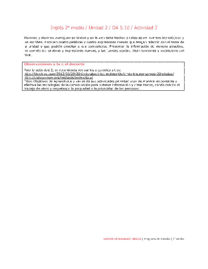 Inglés 2 medio-Unidad 2-OA5;10-Actividad 2 Inglés 2 medio-Unidad 2-OA5;10-Actividad 2