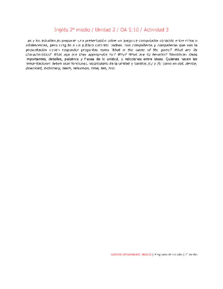 Inglés 2 medio-Unidad 2-OA5;10-Actividad 3 Inglés 2 medio-Unidad 2-OA5;10-Actividad 3