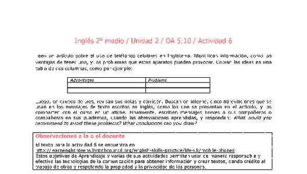 Inglés 2 medio-Unidad 2-OA5;10-Actividad 6 Inglés 2 medio-Unidad 2-OA5;10-Actividad 6
