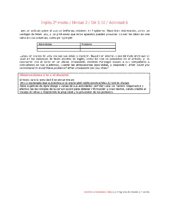 Inglés 2 medio-Unidad 2-OA5;10-Actividad 6 Inglés 2 medio-Unidad 2-OA5;10-Actividad 6