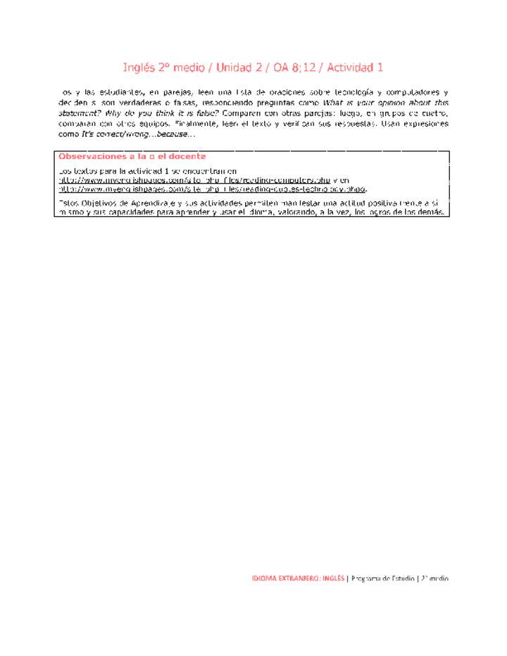 Inglés 2 medio-Unidad 2-OA8;12-Actividad 1 Inglés 2 medio-Unidad 2-OA8;12-Actividad 1