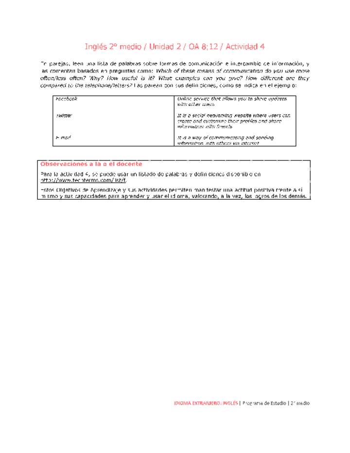 Inglés 2 medio-Unidad 2-OA8;12-Actividad 4 Inglés 2 medio-Unidad 2-OA8;12-Actividad 4
