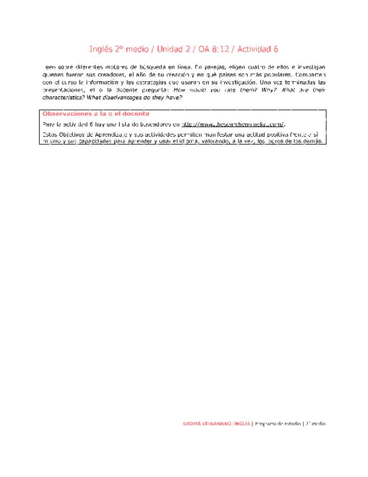 Inglés 2 medio-Unidad 2-OA8;12-Actividad 6 Inglés 2 medio-Unidad 2-OA8;12-Actividad 6