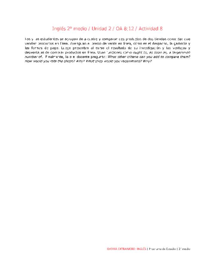 Inglés 2 medio-Unidad 2-OA8;12-Actividad 8 Inglés 2 medio-Unidad 2-OA8;12-Actividad 8