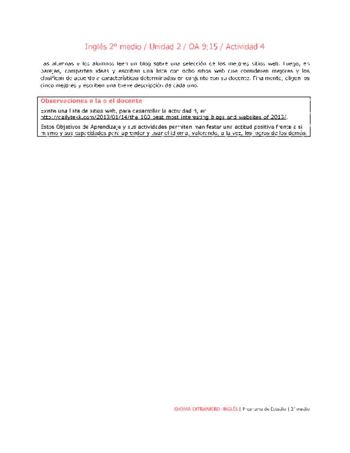 Inglés 2 medio-Unidad 2-OA9;15-Actividad 4 Inglés 2 medio-Unidad 2-OA9;15-Actividad 4