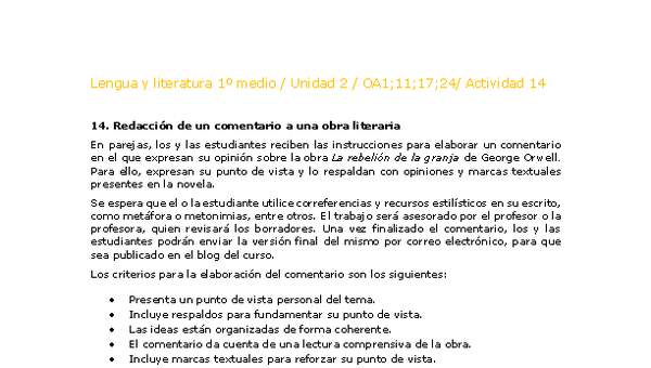 Lengua y Literatura 1 medio-Unidad 2-OA1;11;17;24-Actividad 14 Lengua y Literatura 1 medio-Unidad 2-OA1;11;17;24-Actividad 14
