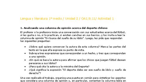 Lengua y Literatura 1 medio-Unidad 2-OA1;9;11-Actividad 1 Lengua y Literatura 1 medio-Unidad 2-OA1;9;11-Actividad 1
