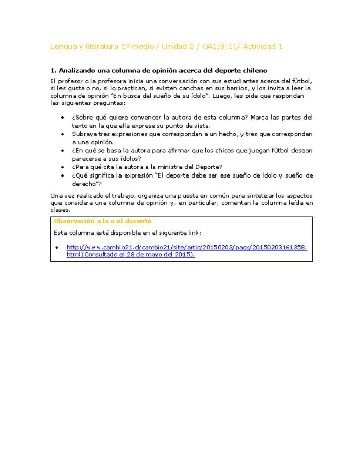 Lengua y Literatura 1 medio-Unidad 2-OA1;9;11-Actividad 1 Lengua y Literatura 1 medio-Unidad 2-OA1;9;11-Actividad 1
