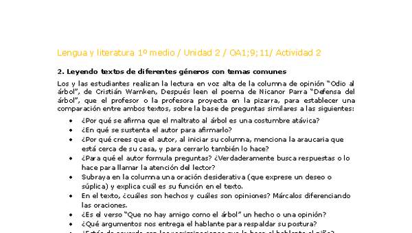 Lengua y Literatura 1 medio-Unidad 2-OA1;9;11-Actividad 2 Lengua y Literatura 1 medio-Unidad 2-OA1;9;11-Actividad 2