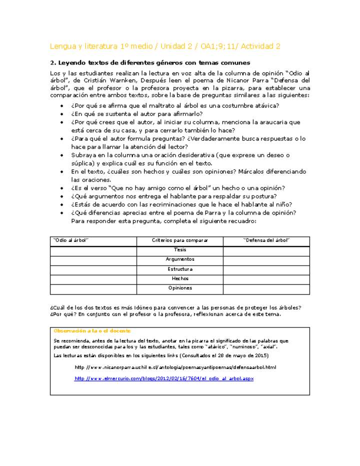 Lengua y Literatura 1 medio-Unidad 2-OA1;9;11-Actividad 2 Lengua y Literatura 1 medio-Unidad 2-OA1;9;11-Actividad 2