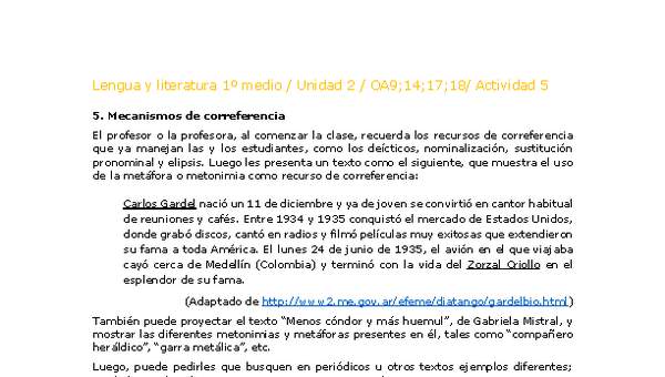 Lengua y Literatura 1 medio-Unidad 2-OA9;14;17;18-Actividad 5 Lengua y Literatura 1 medio-Unidad 2-OA9;14;17;18-Actividad 5