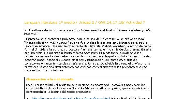 Lengua y Literatura 1 medio-Unidad 2-OA9;14;17;18-Actividad 7 Lengua y Literatura 1 medio-Unidad 2-OA9;14;17;18-Actividad 7