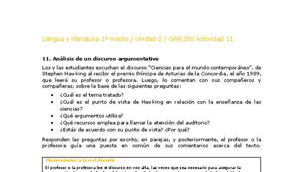 Lengua y Literatura 1 medio-Unidad 2-OA9;20-Actividad 11 Lengua y Literatura 1 medio-Unidad 2-OA9;20-Actividad 11