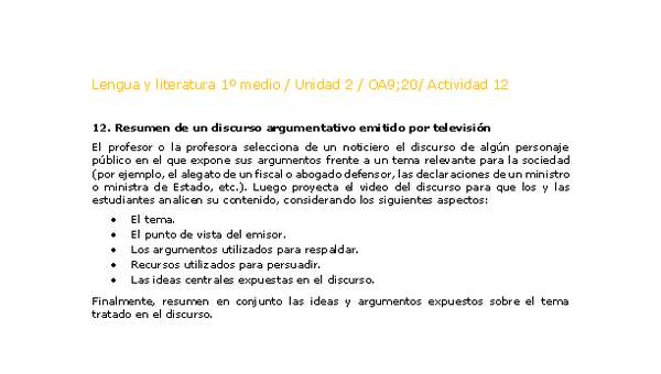 Lengua y Literatura 1 medio-Unidad 2-OA9;20-Actividad 12 Lengua y Literatura 1 medio-Unidad 2-OA9;20-Actividad 12