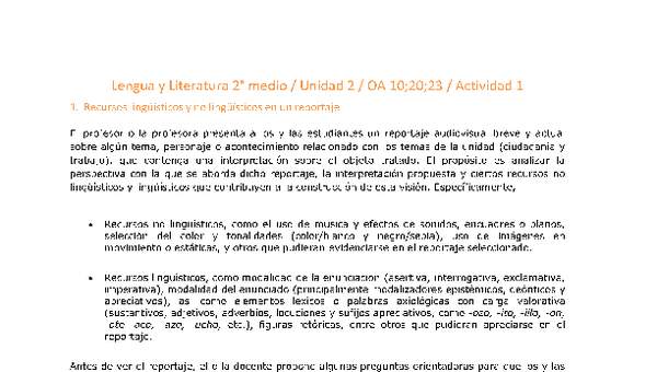 Lengua y Literatura 2 medio-Unidad 2-OA10;20;23-Actividad 1 Lengua y Literatura 2 medio-Unidad 2-OA10;20;23-Actividad 1