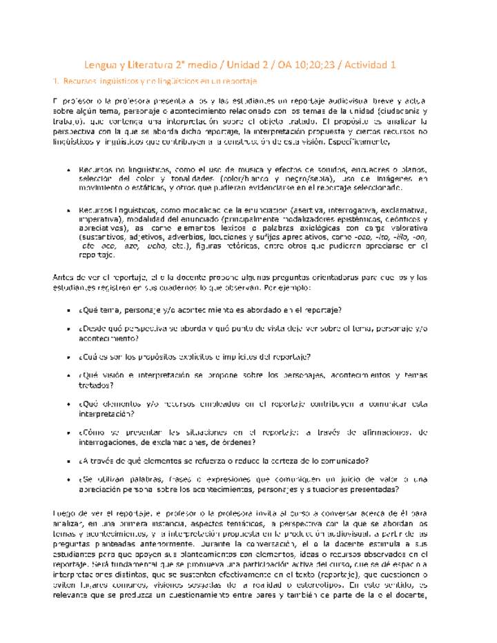 Lengua y Literatura 2 medio-Unidad 2-OA10;20;23-Actividad 1 Lengua y Literatura 2 medio-Unidad 2-OA10;20;23-Actividad 1