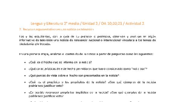 Lengua y Literatura 2 medio-Unidad 2-OA10;20;23-Actividad 2 Lengua y Literatura 2 medio-Unidad 2-OA10;20;23-Actividad 2