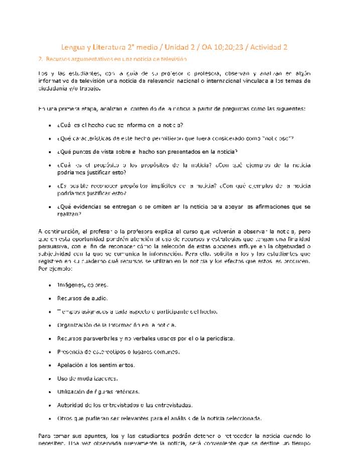 Lengua y Literatura 2 medio-Unidad 2-OA10;20;23-Actividad 2 Lengua y Literatura 2 medio-Unidad 2-OA10;20;23-Actividad 2