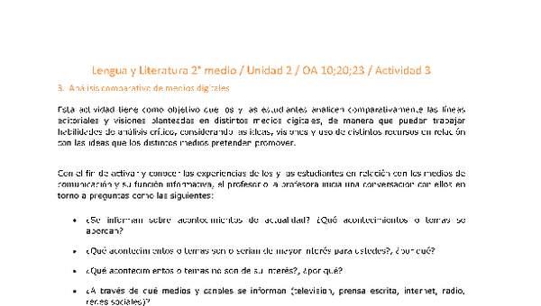 Lengua y Literatura 2 medio-Unidad 2-OA10;20;23-Actividad 3 Lengua y Literatura 2 medio-Unidad 2-OA10;20;23-Actividad 3