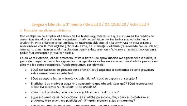 Lengua y Literatura 2 medio-Unidad 2-OA10;20;23-Actividad 4 Lengua y Literatura 2 medio-Unidad 2-OA10;20;23-Actividad 4