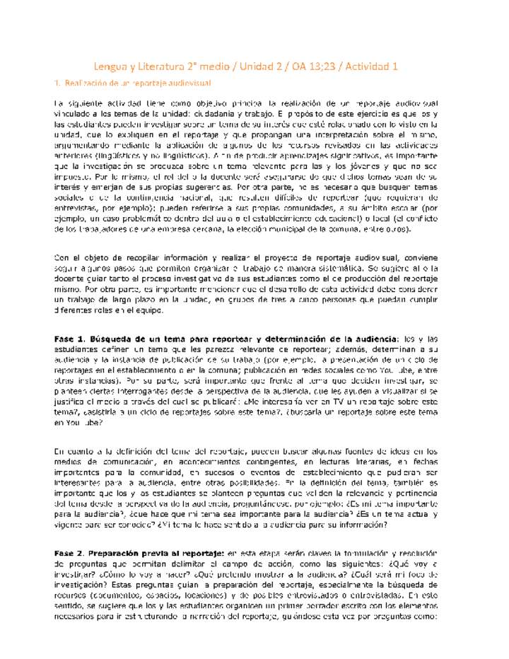 Lengua y Literatura 2 medio-Unidad 2-OA13;23-Actividad 1 Lengua y Literatura 2 medio-Unidad 2-OA13;23-Actividad 1
