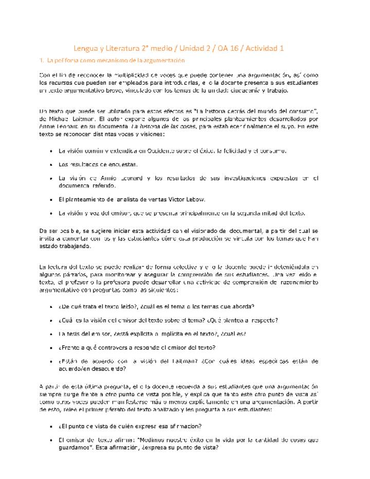 Lengua y Literatura 2 medio-Unidad 2-OA16-Actividad 1 Lengua y Literatura 2 medio-Unidad 2-OA16-Actividad 1