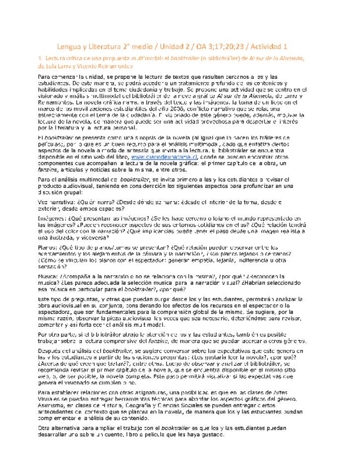Lengua y Literatura 2 medio-Unidad 2-OA3;17;20;23-Actividad 1 Lengua y Literatura 2 medio-Unidad 2-OA3;17;20;23-Actividad 1